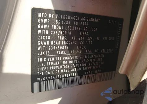 2011 Volkswagen Tiguan Sel z USA, uszkodzony, nr VIN WVGAV7AX3BW534888